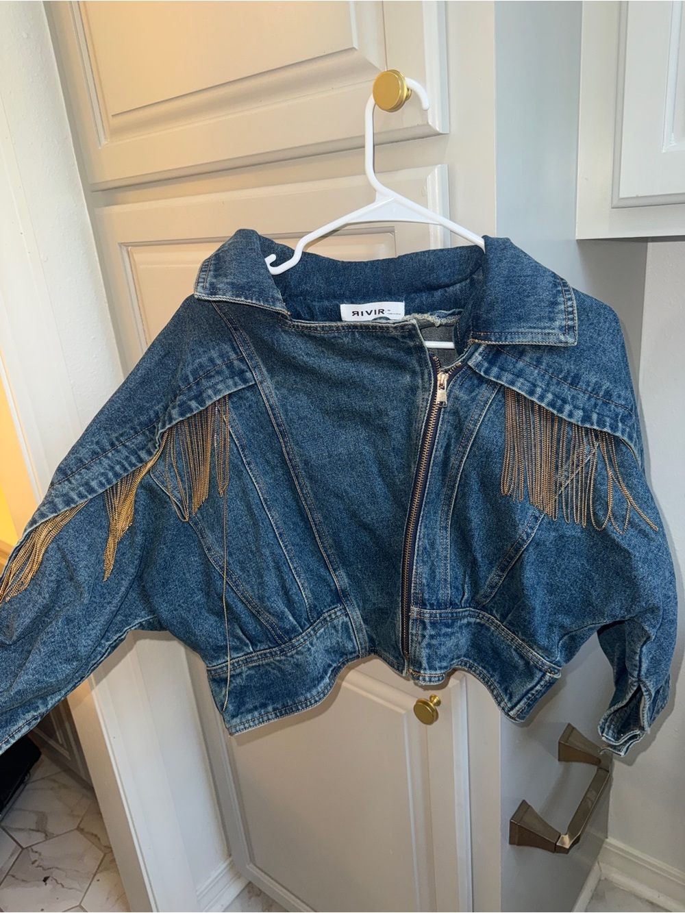 Cropped Denim Fringe Zip Jacket - Blue